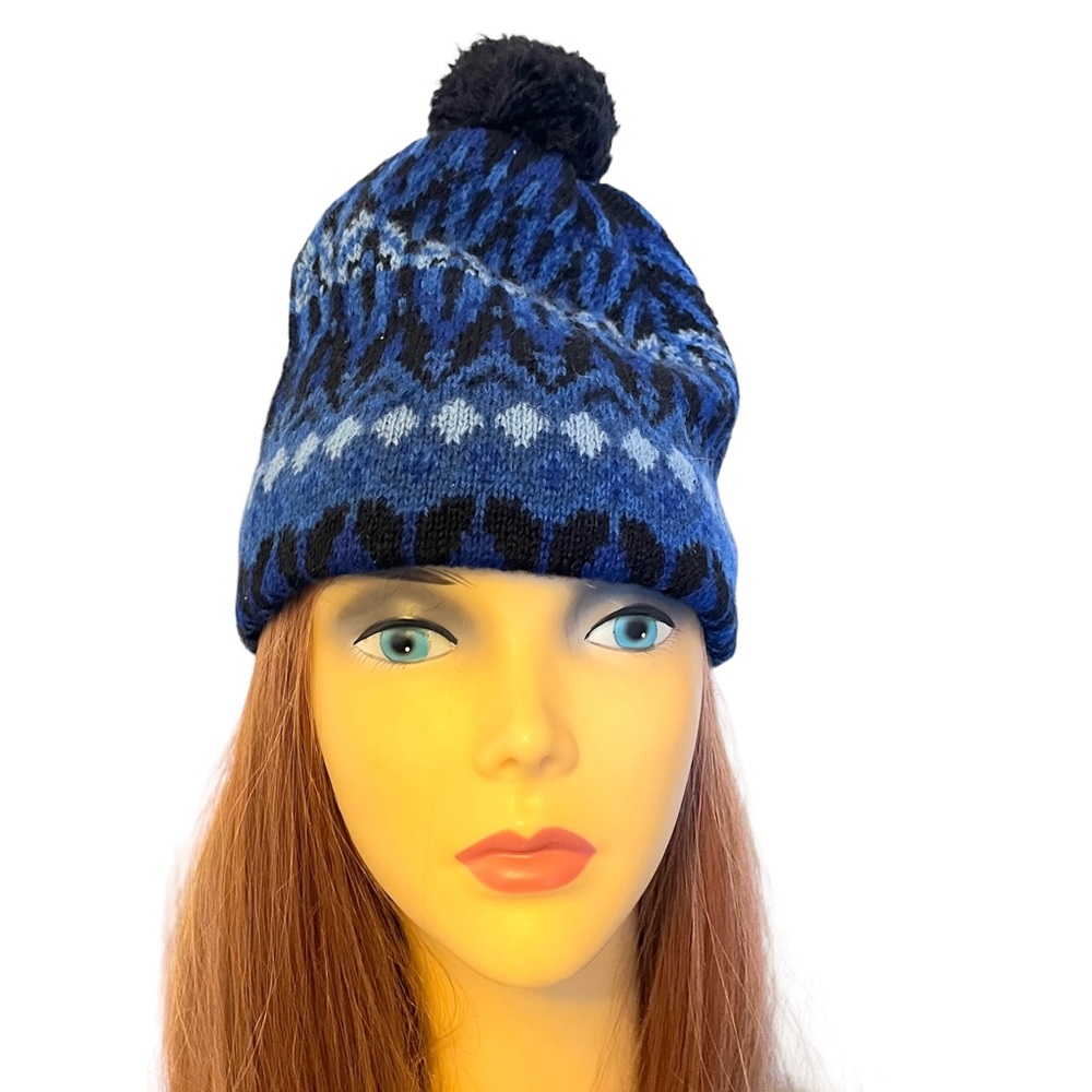 Vintage Wool Ski Hat Mid Century Sweden Iceland Blue Fair Isle Blue Pom Pom Hat